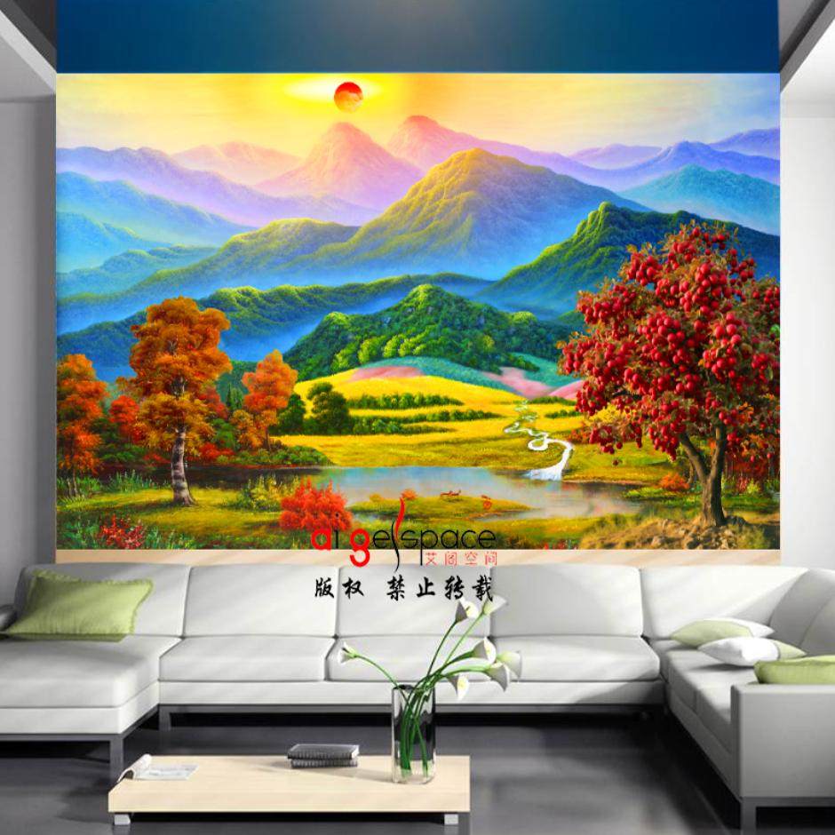FJ1006定制高清油画8D山水风景日出湖泊背有靠山客厅沙发背景壁画,淘宝优惠券,粉丝福利购,淘宝优惠卷