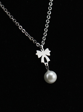 批发洗不掉色蝴蝶结吊珠项链女高级感小众设计吊坠简约配饰毛衣链