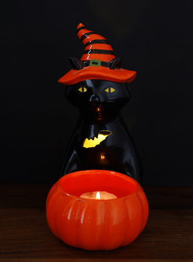 暗黑系列 出口欧式黑猫造型陶瓷灯饰烛台 蝙蝠镂空万圣节装饰布置