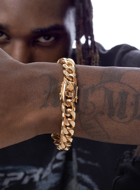 GRGR欧美嘻哈金色钛钢古巴手链