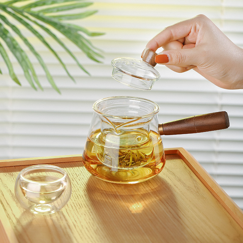 侧把玻璃煮茶壶耐高温加厚木把单壶 光一家居茶壶