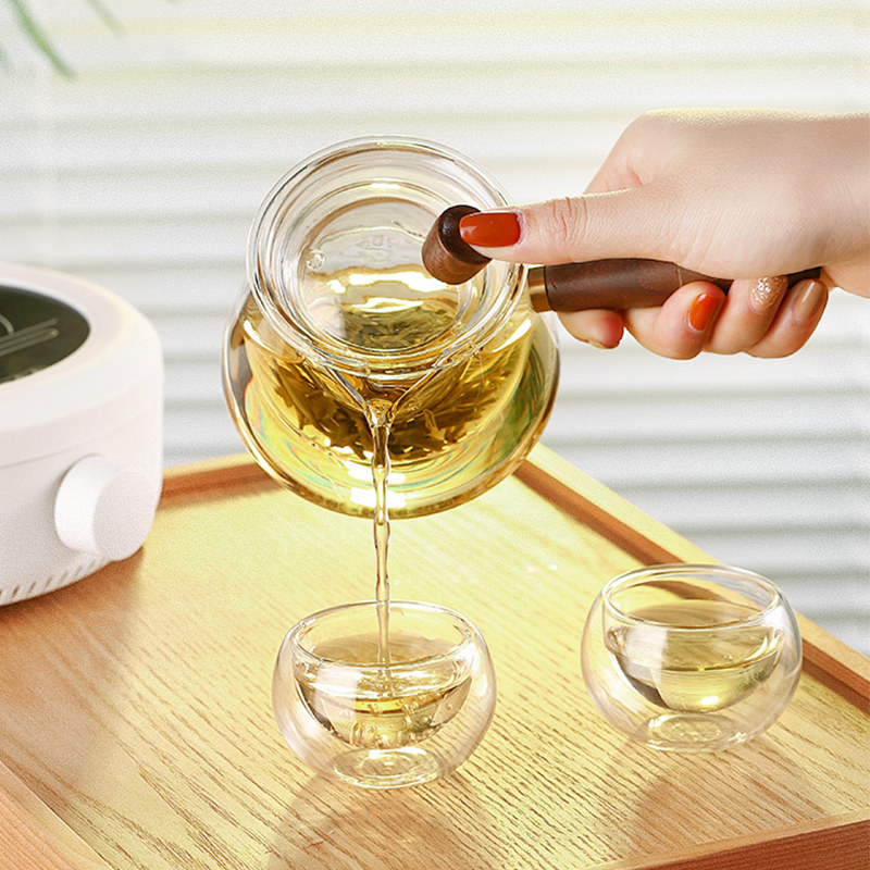 侧把玻璃煮茶壶耐高温加厚木把单壶 光一家居茶壶