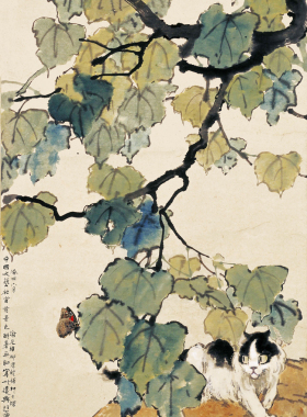装饰画字画真迹客厅印刷品挂画古董仿徐悲鸿梧桐猫蝶图赠卷轴装裱