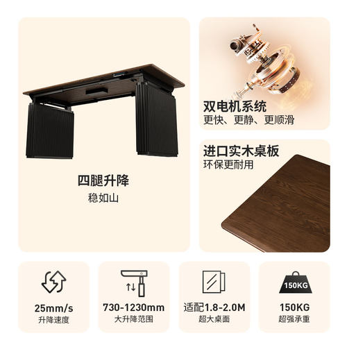 乐歌SE4智能电动升降桌实木黑胡桃木客厅餐桌大板桌办公桌电脑桌 - 图0
