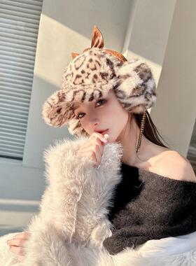 设计师款秋冬豹纹毛绒鸭舌帽