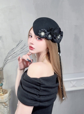 CREAMPP 设计师精美小众复古法式名媛立体珠花流苏水滴澳毛呢礼帽