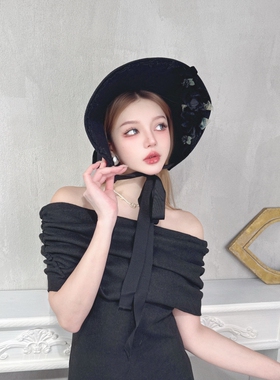 CREAMPP 独立设计澳毛呢lolita法式优雅复古玫瑰女郎系绳大檐礼帽