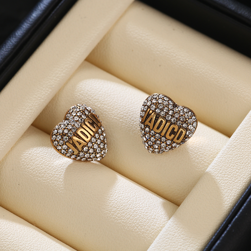 D家复古做旧满钻爱心耳环高级感轻奢气质百搭cd耳钉小香风耳饰 - 图0