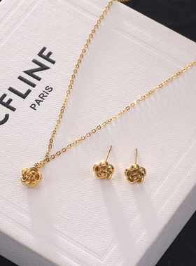 山茶花钛钢耳钉装饰项链女款2025新款高级感轻奢小众不掉色锁骨链