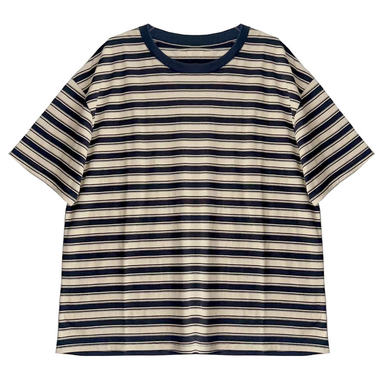 复古条纹短袖T恤女2024年夏季新款宽松大码遮肉慵懒风百搭上衣,淘宝优惠券,粉丝福利购,淘宝优惠卷