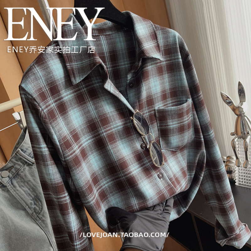 美式格子复古撞色！港风长袖格子衬衫女春秋宽松开衫上衣叠穿衬衣 - 图1