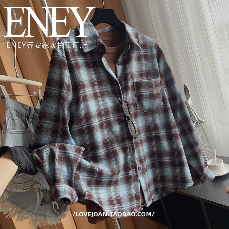 美式格子复古撞色！港风长袖格子衬衫女春秋宽松开衫上衣叠穿衬衣 - 图0