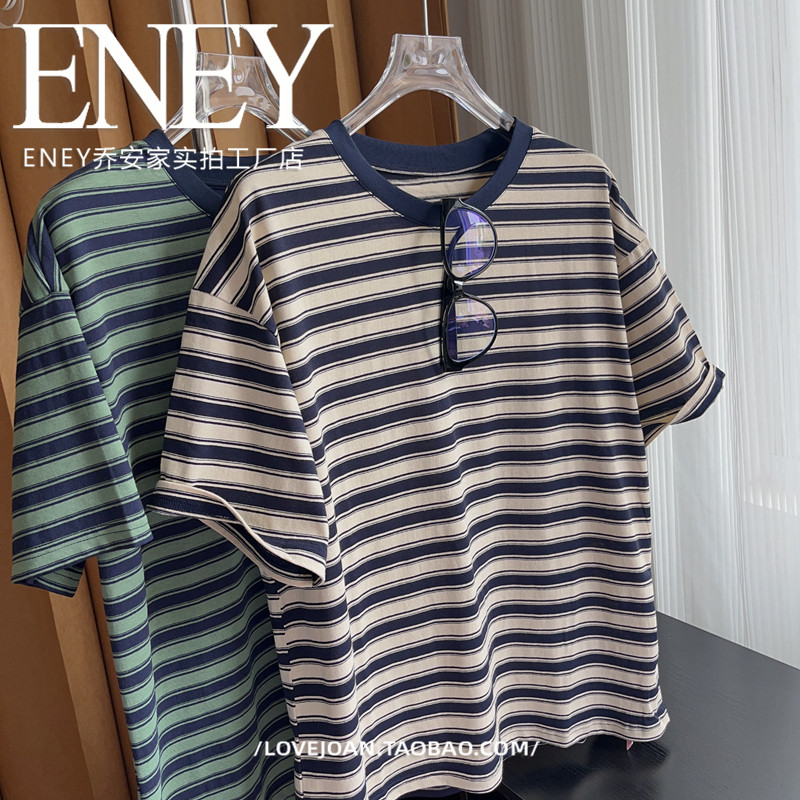 复古条纹短袖T恤女2024年夏季新款宽松大码遮肉慵懒风百搭上衣,淘宝优惠券,粉丝福利购,淘宝优惠卷