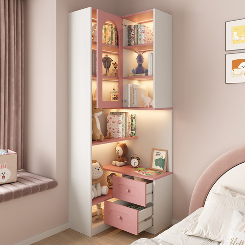儿童房公主风床头柜家用卧室一体转角书柜ENF级落地置物书架定制 - 图0
