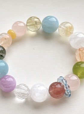 天然水晶多宝手串女款手链粉晶 海蓝宝 白幽灵饰送闺蜜礼物