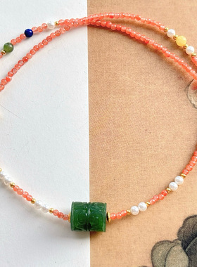 天然南红玛瑙 碧玉回纹珠项链女款锁骨链简约百搭饰品礼物