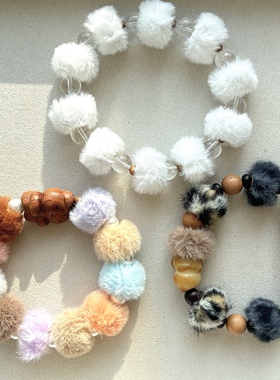 暖冬绒毛檀木手链 毛绒球 水晶多宝手链女款原创DIY时尚手链