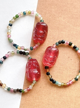 天然草莓晶貔貅戒指女款时尚碧玺多宝戒指百搭水晶戒指礼物