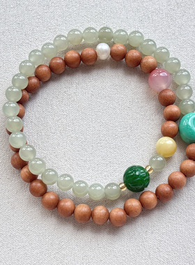 天然老山檀香和田玉两圈手链女款和田玉晴水多圈手串