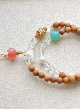 天然捞山檀木搭配白水晶两圈手链女款轻奢小众精致高级感礼物