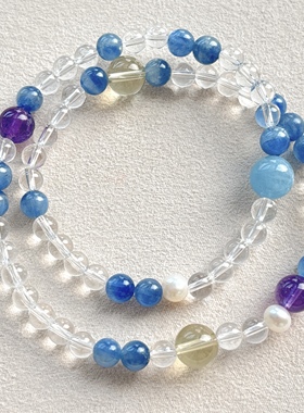 天然白水晶海蓝宝 蓝晶石两圈多宝手链女款水晶手串