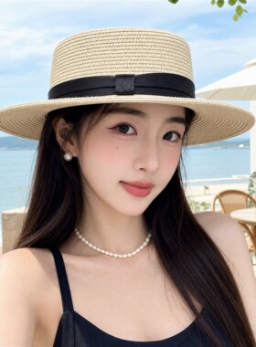 法式平顶草编礼帽女 夏季大帽檐防晒遮阳帽 海边沙滩氛围感草帽