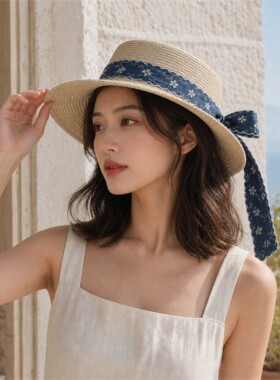 法式碎花织带平顶草帽女夏季复古礼帽海边度假大檐防晒遮阳帽子