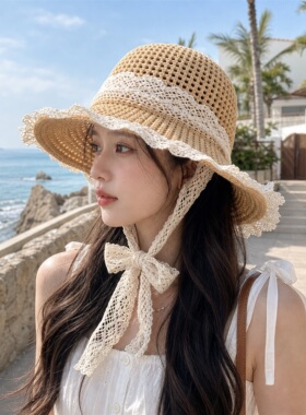 蕾丝草编渔夫帽女夏季 度假风大檐透气遮阳帽 海边沙滩防晒草帽