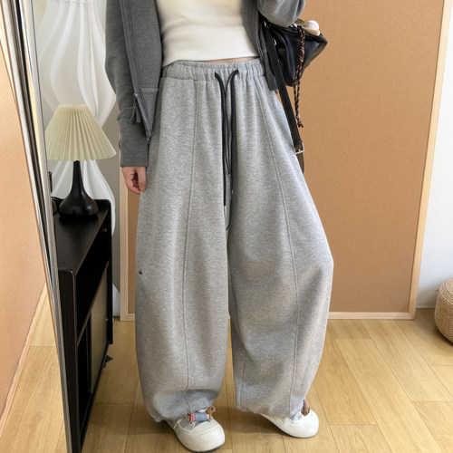 高腰抽绳灯笼卫裤女2026春季新款宽松大裤腿可收口两穿阔腿弯刀裤 - 图1