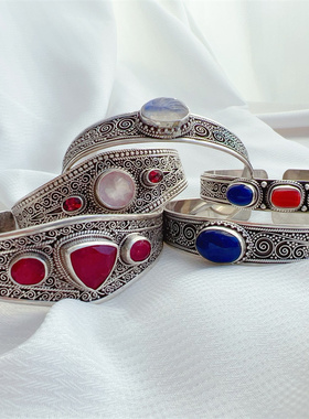 尼泊尔复古925银天然宝石手镯