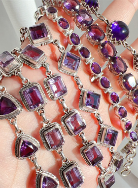 天然紫水晶925纯银手工镶嵌手链