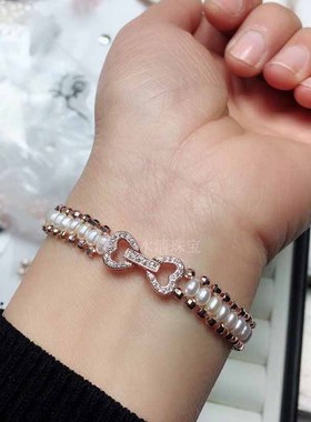 玫瑰金色雷射珠手饰天然淡水珍珠手链米形珍珠专柜正品女士学生