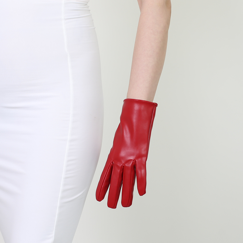 长款皮手套 40cm仿真皮仿皮羊皮PU无内衬女圣诞红中国红贴手显瘦 - 图1