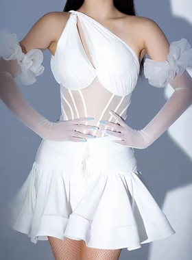 拉丁舞蹈长手套黑丝网纱珍珠花边泡泡袖蕾丝透视国标表演婚纱礼服