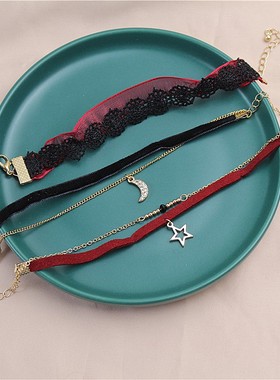 组合双层布艺花边星月镶水钻手链