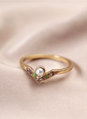 天琳美饰 日韩版新款戒指彩色水钻V形简约日常款时髦女指环指圈