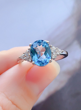 925纯银镶嵌天然蓝托帕石戒指女