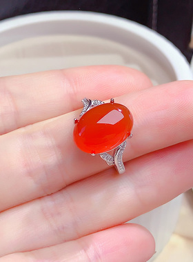 纯银镶嵌天然红玉髓戒指开口戒