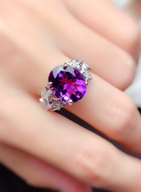 纯银镶嵌紫水晶戒指女大宝石开口