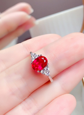 纯银镶嵌天然红宝石刚玉戒指女