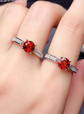 纯银镶嵌天然酒红石榴石戒指女