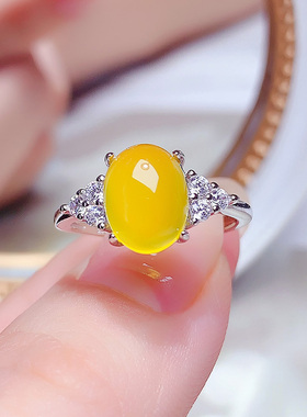 天然鸡油黄蜜蜡色玉髓戒指女