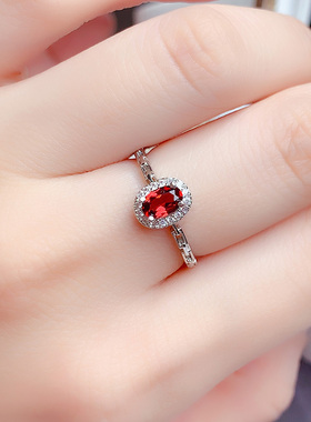 轻奢925纯银镶嵌天然石榴石戒指
