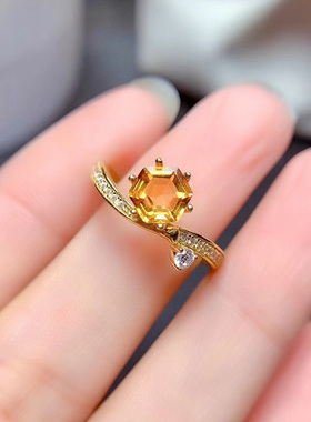纯银镶嵌天然黄水晶戒指女