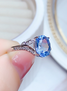 925纯银天然瑞士蓝托帕石戒指女