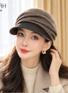 布塔100羊毛褶皱报童帽 锦油绸帽檐 秋冬百搭显瘦马术帽女 PT7019
