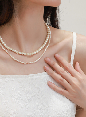 法式双层叠戴珍珠项链女
