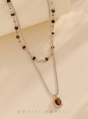绝美气质双层叠戴虎眼石项链女