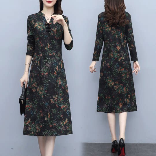 时尚妈妈装改良版旗袍裙中长款春秋新款长袖连衣裙遮肚显瘦打底裙