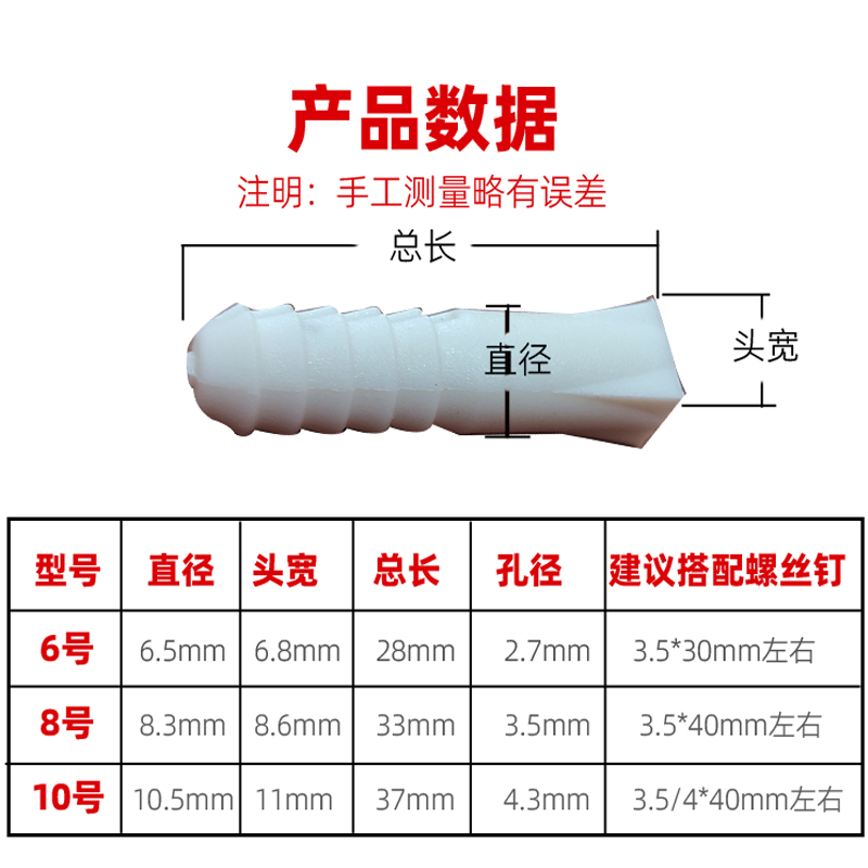 砖墙方头加粗胶膨胀管6mm塑料膨胀胶塞加大紧 涨塞螺丝6号胀栓8号